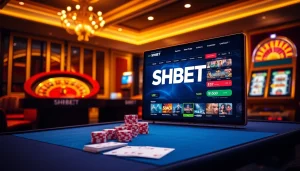Experience thrilling gaming with SHBET at a luxurious casino featuring poker chips and a roulette wheel.