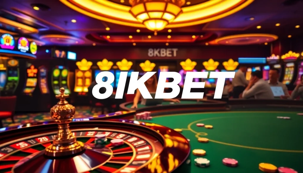 Experience the excitement of 8KBET with vibrant casino gaming visuals featuring poker and roulette.