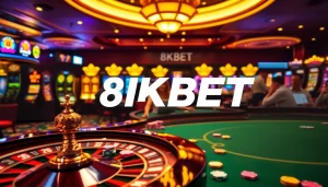 Experience the excitement of 8KBET with vibrant casino gaming visuals featuring poker and roulette.