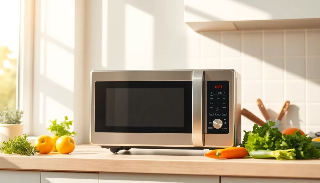 Showcase of an affordable microwave oven in a modern kitchen setting with vibrant ingredients.