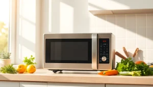Showcase of an affordable microwave oven in a modern kitchen setting with vibrant ingredients.