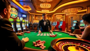 Intense gaming atmosphere at XX88 casino with players enjoying high-stakes poker and slot machines.