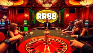 Exciting casino scene showing players at RR88 poker table, roulette wheel, and luxury decor.