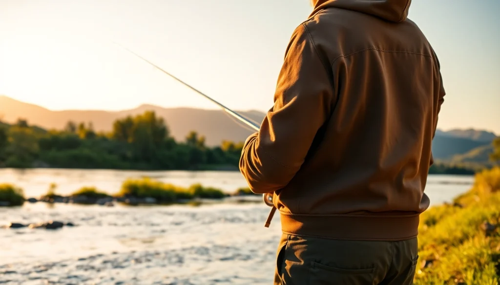 Fly fishing apparel worn by a fisherman casting into a river surrounded by nature.