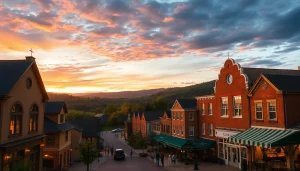 Clarksburg townscape at sunset highlighting historic buildings and community life.