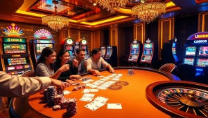 Intense game at U8888 poker table with colorful chips and vibrant atmosphere.