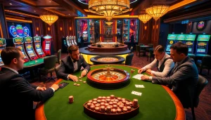 RR88 players engaging in a high-stakes poker game with vibrant casino elements.