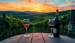 Experience Sacramento Wineries with a scenic vineyard landscape featuring wine glasses and a glowing sunset.