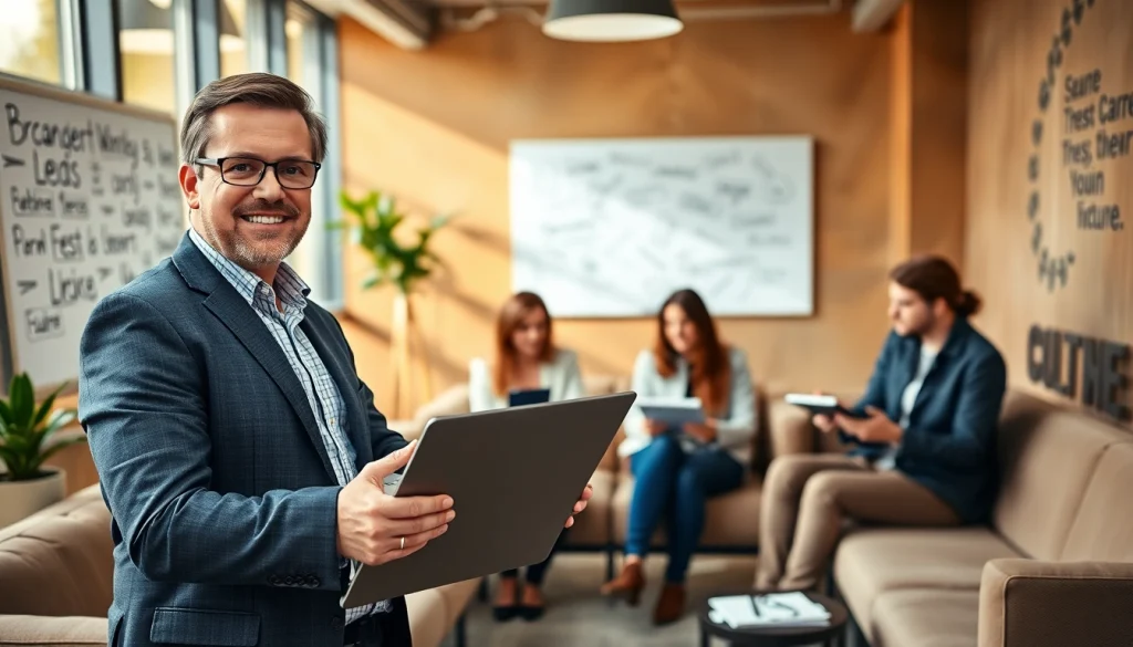 Engaging business coaching service session with clients in a collaborative office environment.