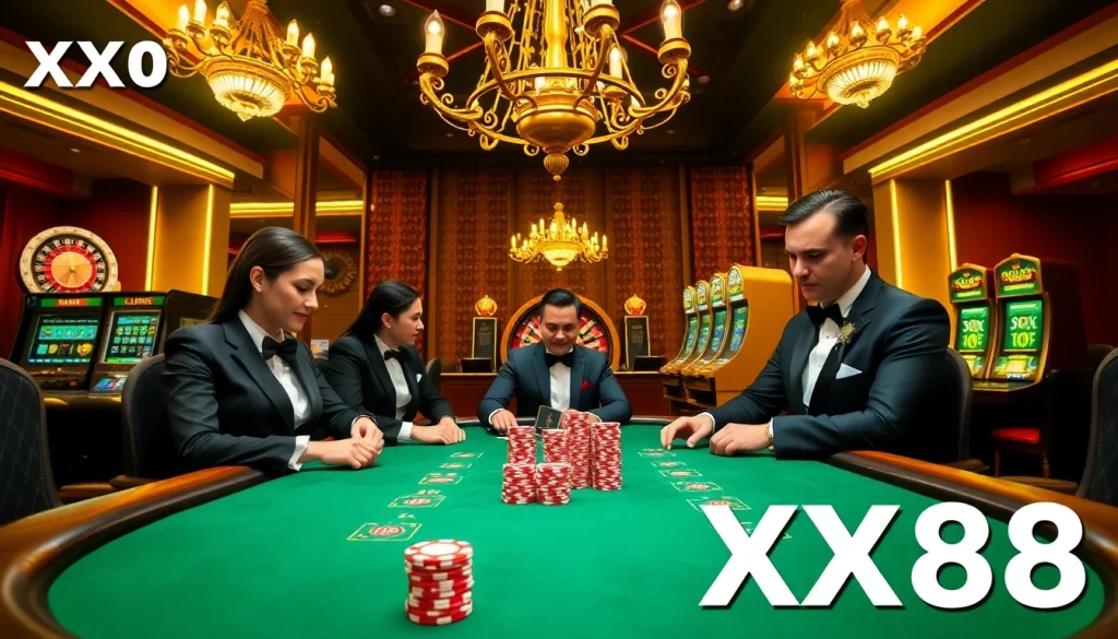 Experience the thrill of high-stakes poker at XX88 with vibrant casino visuals.