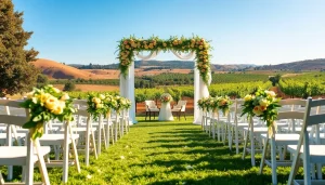 Stunning Clarksburg wedding venues featuring an elegant outdoor ceremony with flowing fabrics and floral arrangements.