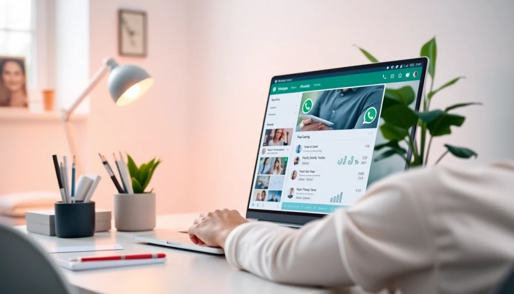 在现代笔记本电脑上，交互式 WhatsApp Web 界面，展示实时消息与视频通话。