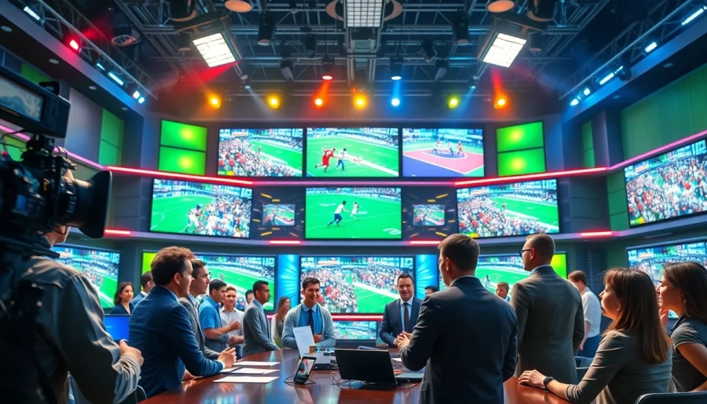 Broadcasters discussing live Sports Broadcasting events in a vibrant studio.