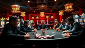 Engaging scene of cs2 gambling sites reddit players at a poker table in a vibrant casino.