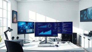 Futuristic workspace showcasing AI tools in adult content creation, highlighting porn ai technology.