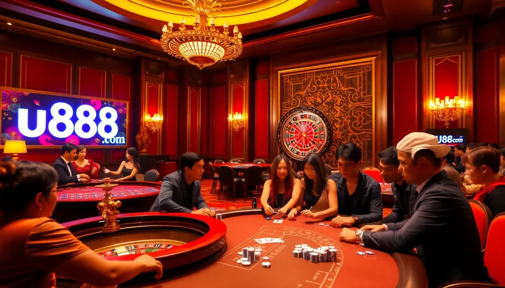 Exciting casino gaming scene showcasing u888 com with players at poker and roulette tables, vibrant atmosphere.