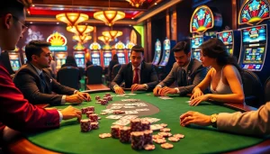Players strategizing at an upscale poker table at https:/sc88.bz/, with vibrant chips and cards.
