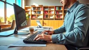 Engaged professional typing in a modern typing center showcasing productivity and focus.