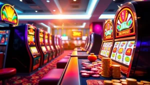 Menggambar suasana permainan slot depo 1k yang menarik dengan mesin slot berwarna-warni.