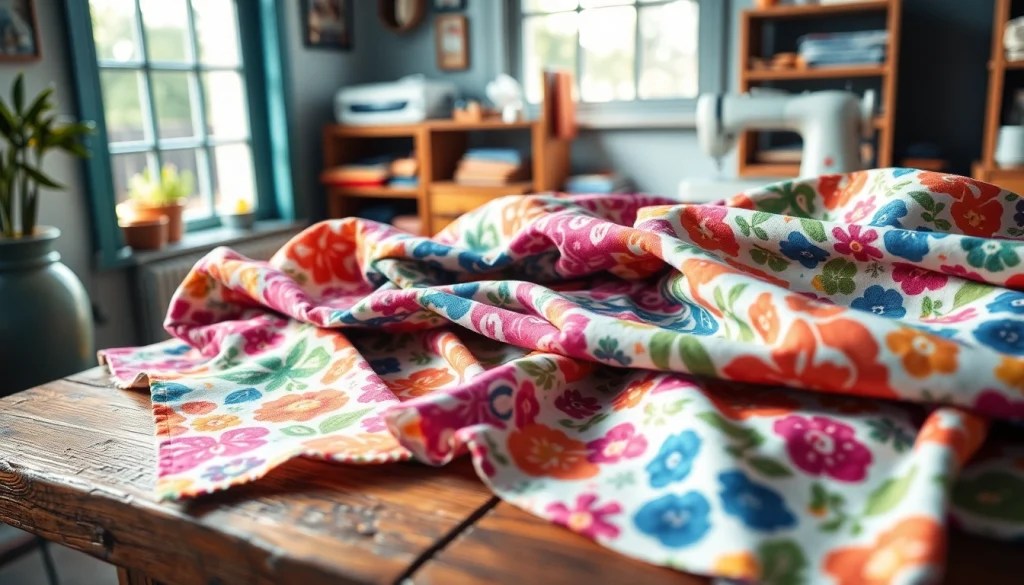 Ontdek hoogwaardige bedrukte katoenen stoffen in diverse kleuren en patronen op een houten tafel.