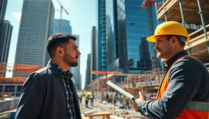 New York City Construction Manager overseeing a dynamic construction site with skyscrapers.