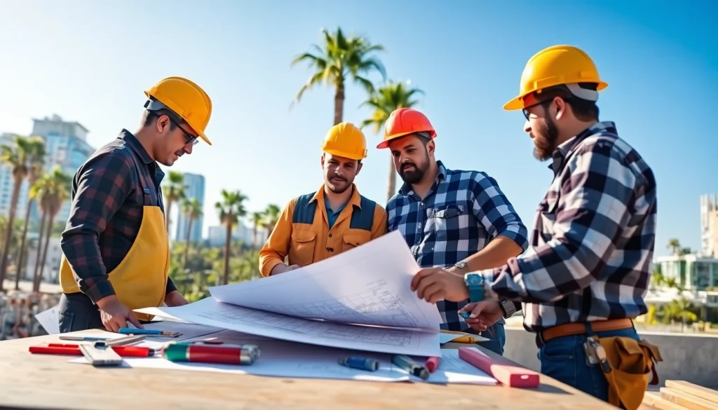 Engaged southern california contractors association members reviewing blueprints at a construction site.