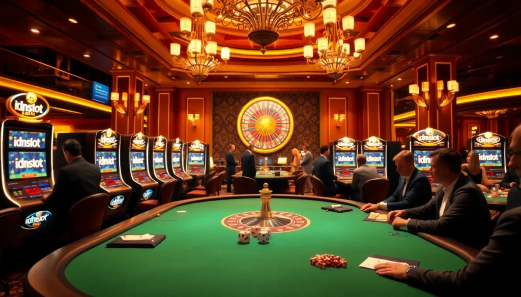 Engaged players enjoying IDNslot games in a luxurious casino setting with vibrant slot machines.