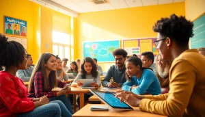 Education-focused classroom scene with diverse students collaborating and using technology for learning.