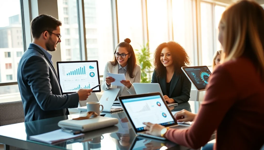 专业团队在现代办公环境中使用WPS Office进行协作，展现创新与生产力。