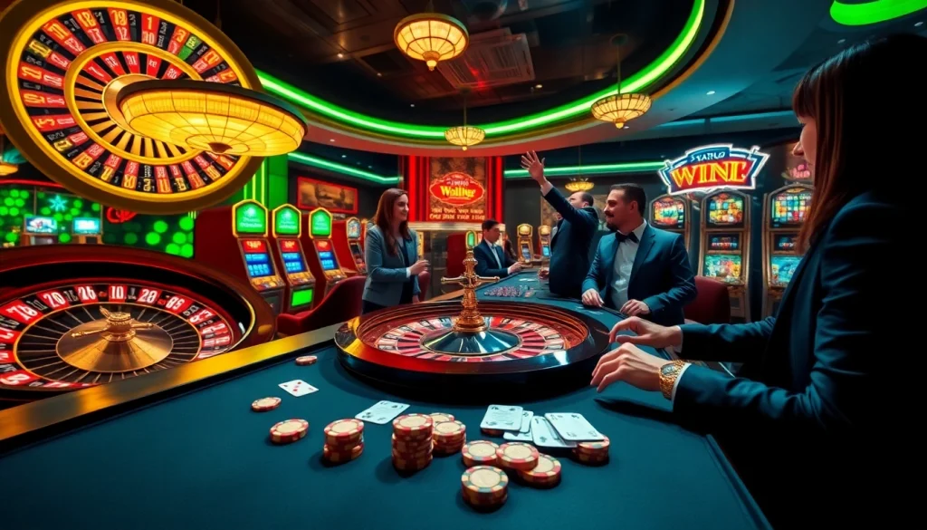 Pemain yang bersemangat merayakan di adegan kasino yang menonjolkan energi dinamis Datuk Win.