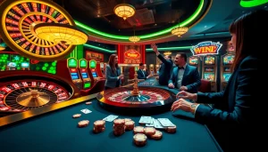 Pemain yang bersemangat merayakan di adegan kasino yang menonjolkan energi dinamis Datuk Win.