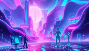 Futuristic digital landscape showcasing interactive NSFW AI characters in vibrant neon colors.