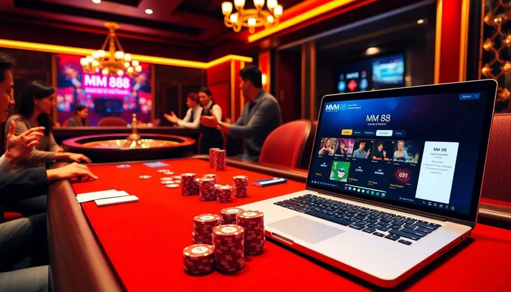 Experience the excitement of MM 88 with a luxurious casino setup featuring poker and roulette.