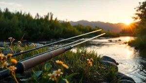 Showcase of the Best fly fishing rods in a tranquil riverbank setting with natural elements.