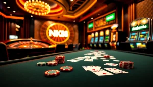 NK88 gaming table with vibrant poker chips and illuminated slot machines at a luxurious casino.