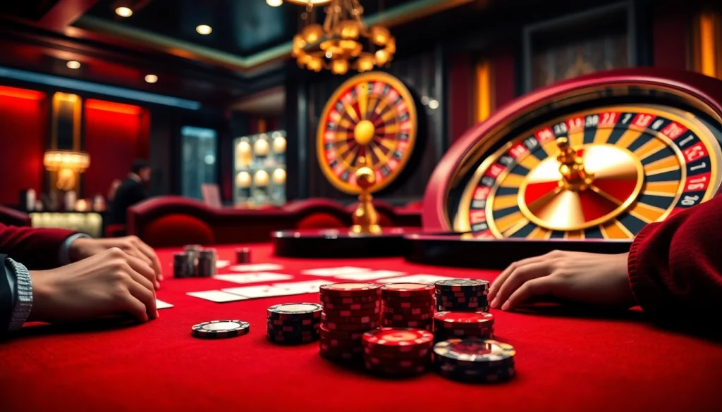 Engaging poker game scene at nhà cái vua99 showcasing excitement and luxury for gamblers.