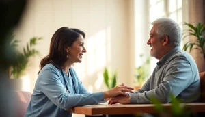 Engaging scene of austin senior home care with a caregiver assisting a senior in a bright living room.