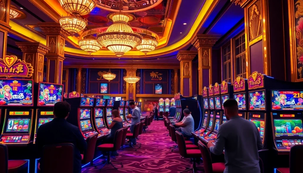 Experience the thrill of nổ hũ at an exciting casino with vibrant slot machines.