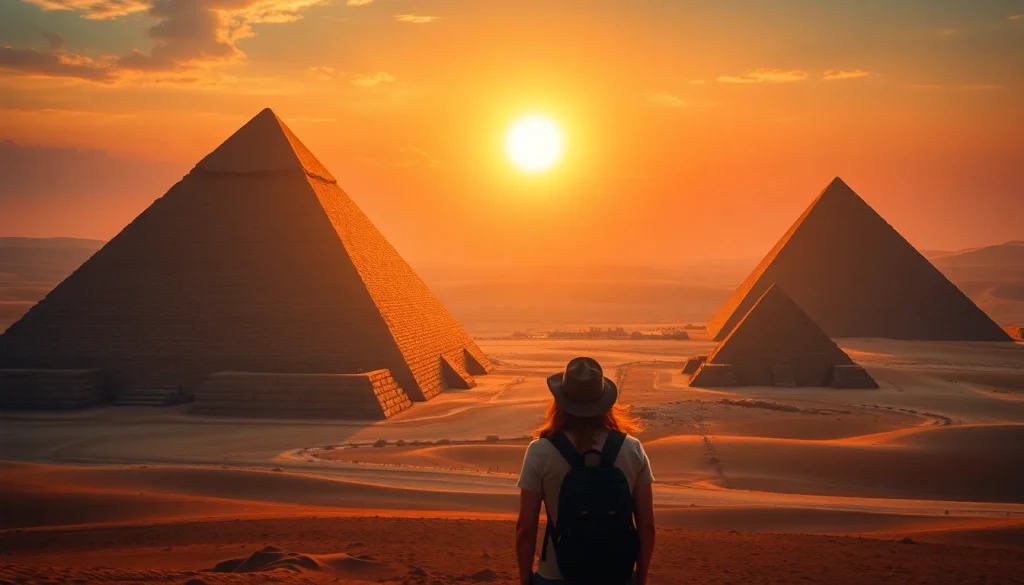 Admiring the ancient piraminds at sunset, showcasing their majestic structures and historical significance.