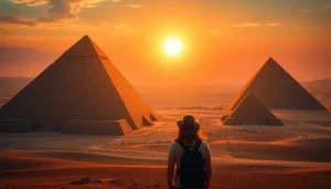 Admiring the ancient piraminds at sunset, showcasing their majestic structures and historical significance.