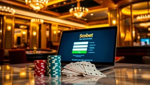 Engaging scene showcasing sbobet login on a laptop with poker chips and cards to enhance casino excitement.
