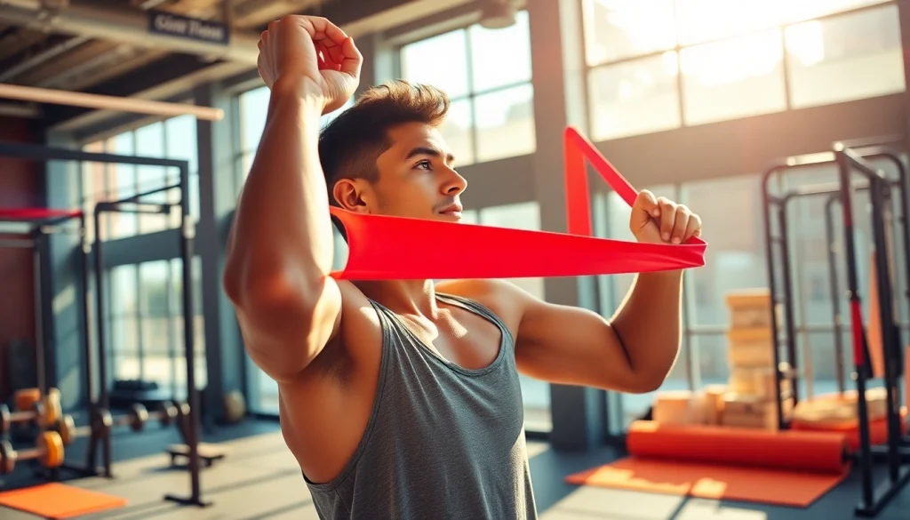 Active individual using resistance bands for pull-ups in a sunlit gym setting, showcasing fitness potential.