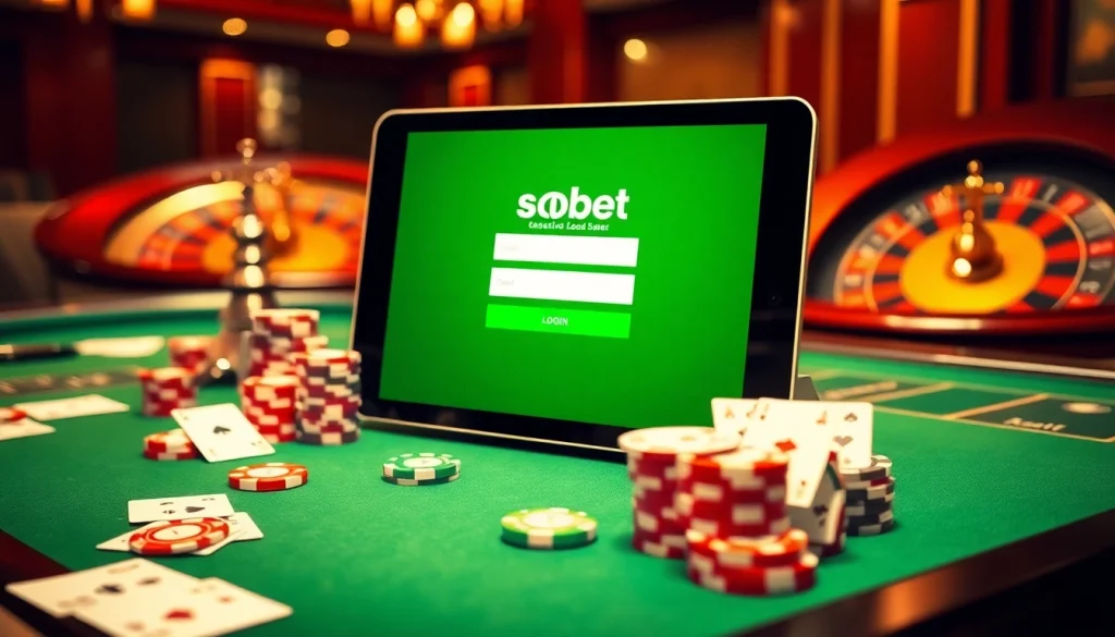 Engaging sbobet login interface displayed alongside casino elements like cards and chips.
