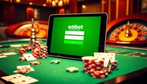 Engaging sbobet login interface displayed alongside casino elements like cards and chips.