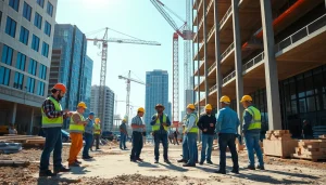 Austin construction workers collaborating on a site with modern buildings.