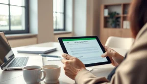 Person filling out the eta uk application form on a tablet in a bright office.