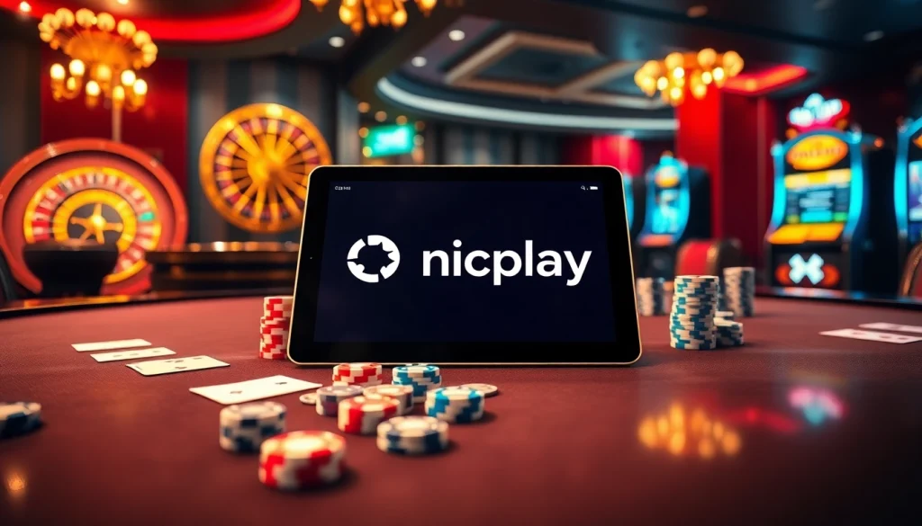 Engaging players at Onicplay with a stunning casino scene featuring poker chips and a roulette wheel.