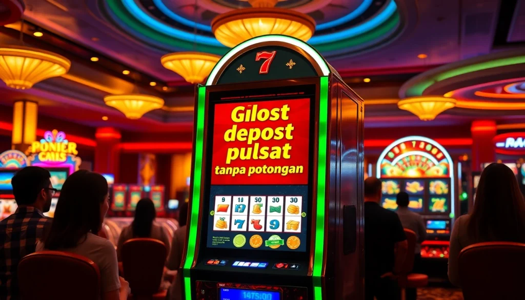 Pemain memenangkan permainan di mesin 'slot deposit pulsa tanpa potongan' dalam lingkungan kasino yang ramai.