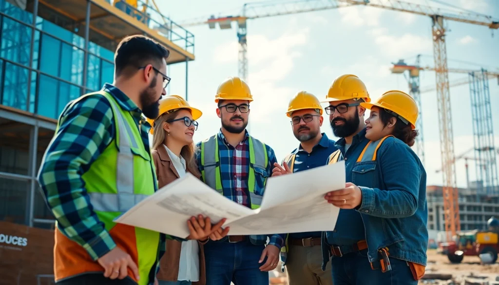 Engaged workers practicing construction advocacy in the Carolinas during a bustling building project.
