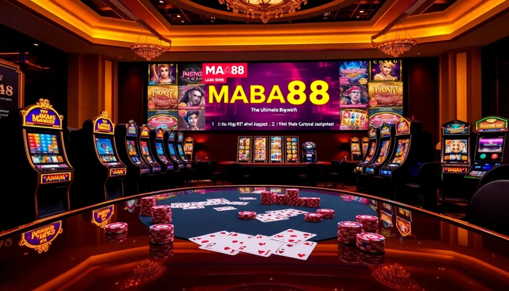 Para pemain MABAR88 berinteraksi dengan mesin slot berwarna-warni dalam tata letak kasino online mewah.